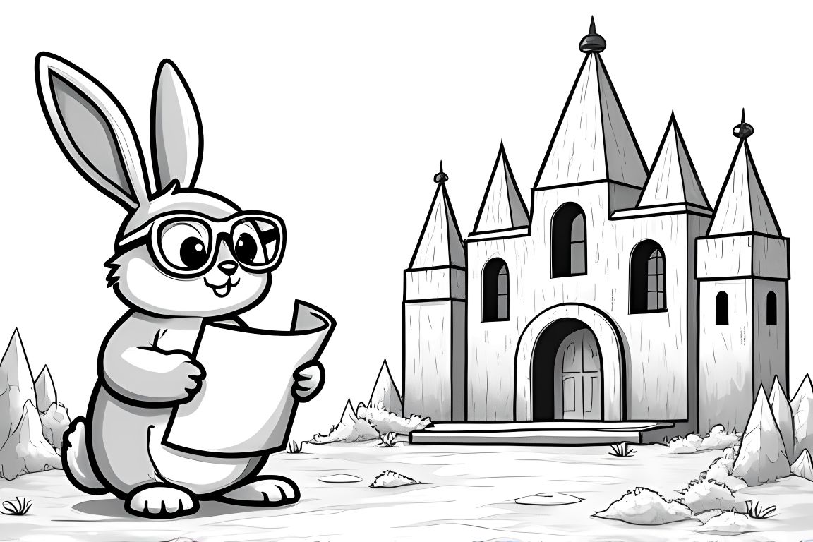 Detailed children's coloring illustration of a rabbit architect designing a magical ice palace