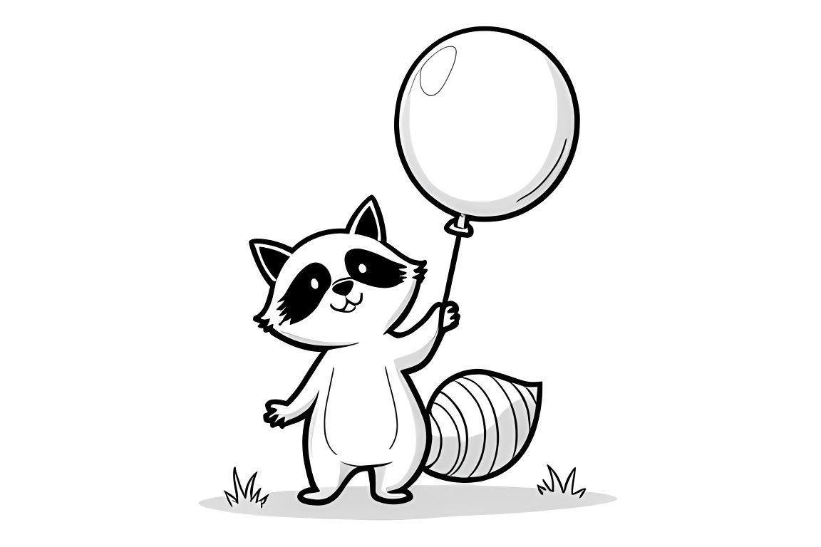 Simple children's coloring page featuring a happy raccoon holding a big balloon, designed for toddlers
