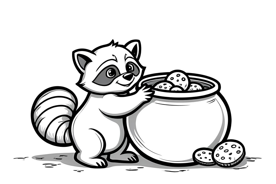 Simple children's coloring illustration of a cute raccoon reaching for cookies, perfect for toddlers