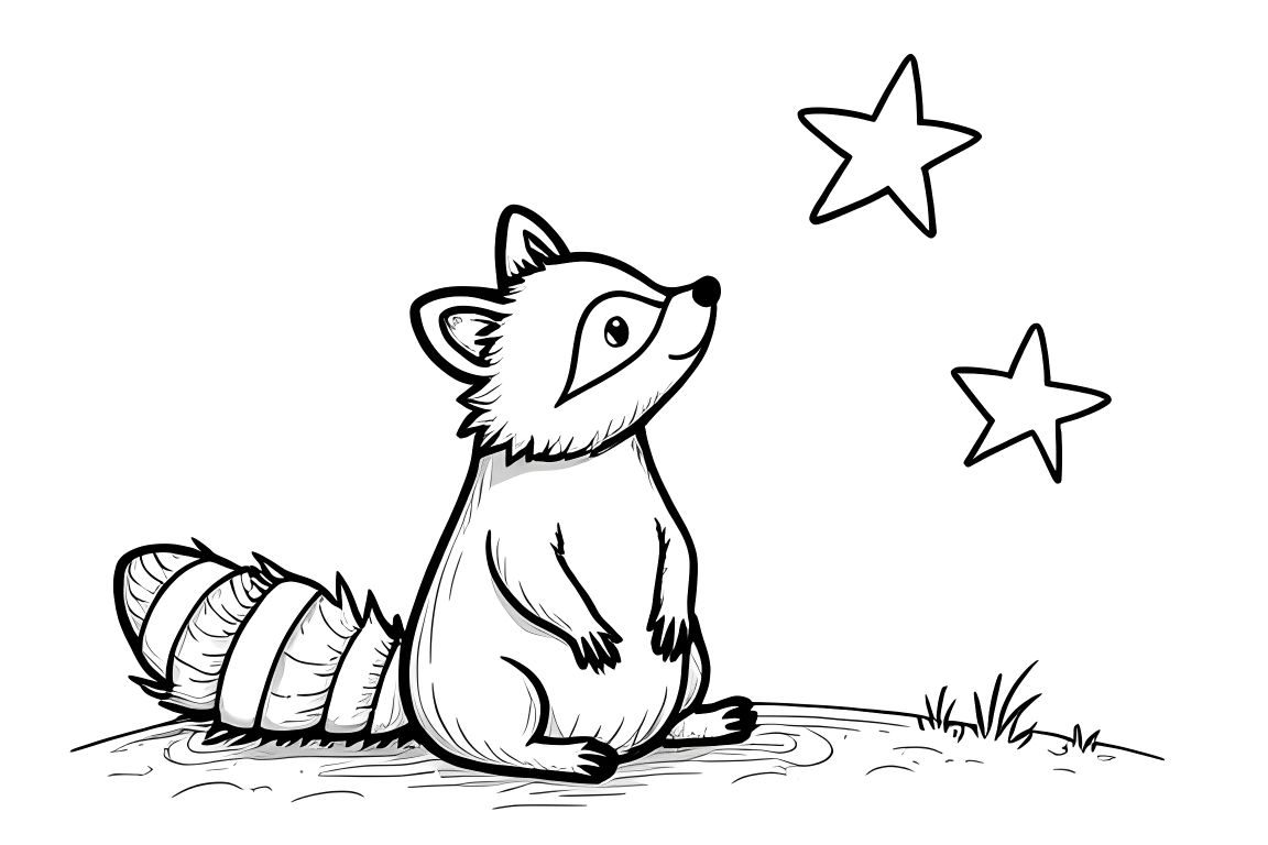 Simple children's coloring page of a little raccoon looking at big stars, designed for toddlers