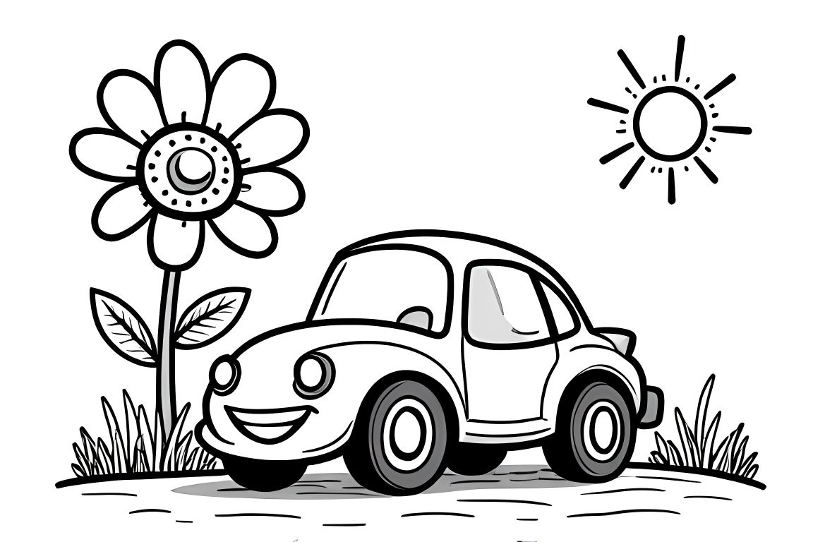 Simple children's coloring page of a happy race car beside a big flower for toddlers
