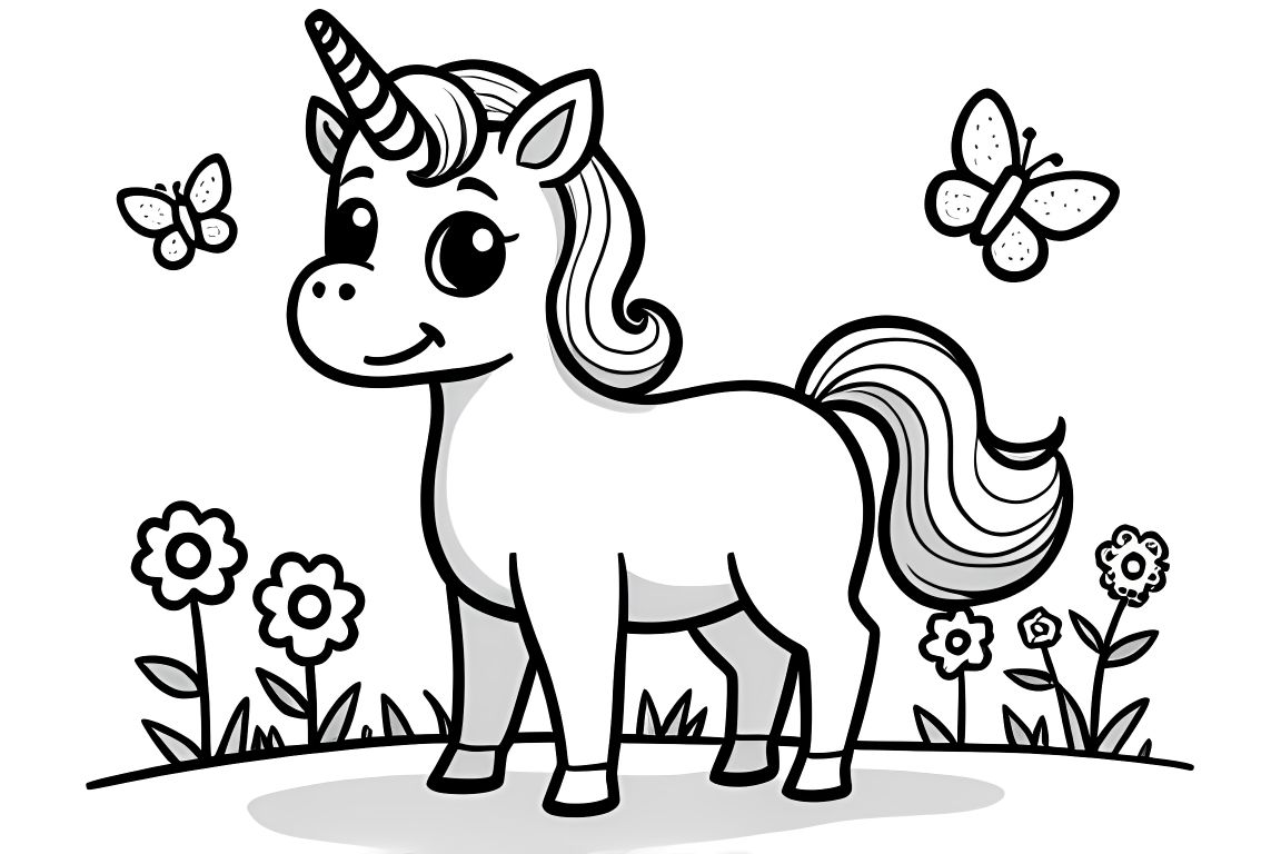 Simple children's coloring book page of a friendly unicorn in a garden with flowers and butterflies