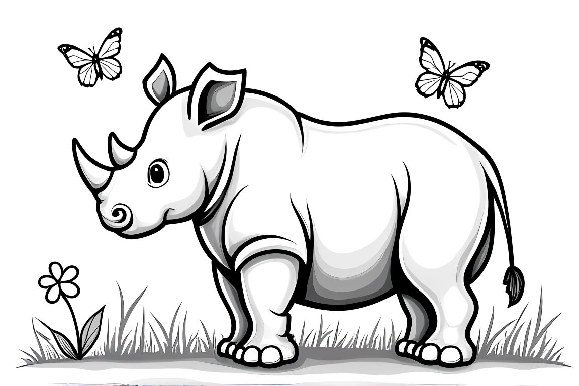 Simple children's coloring page with a friendly rhino and butterflies, ideal for toddlers