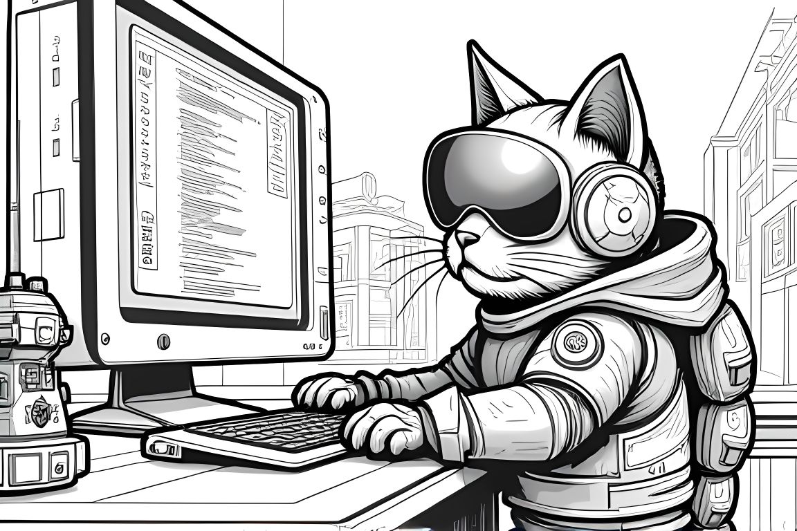 Detailed coloring book illustration of kitten engineer building complex robots