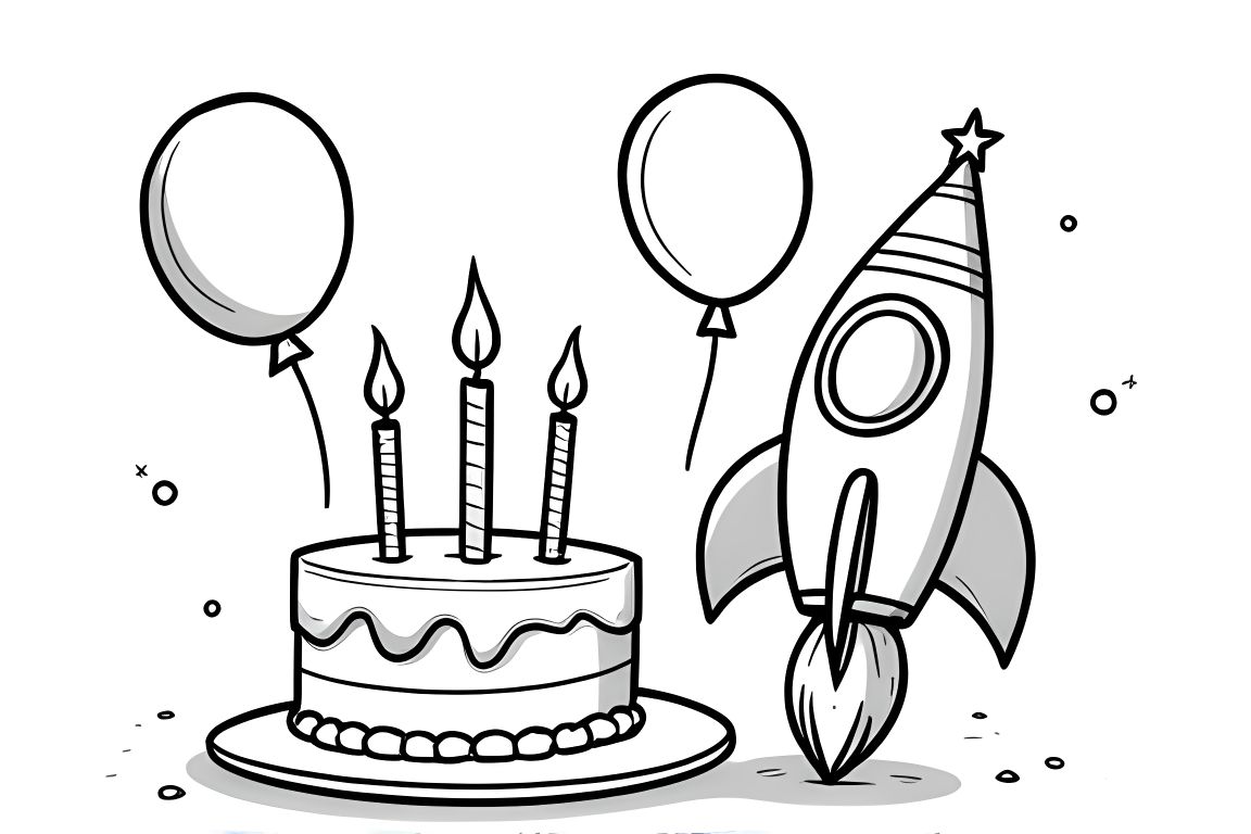 Simple children's coloring book illustration of a rocket with a birthday cake and balloons, perfect for toddlers