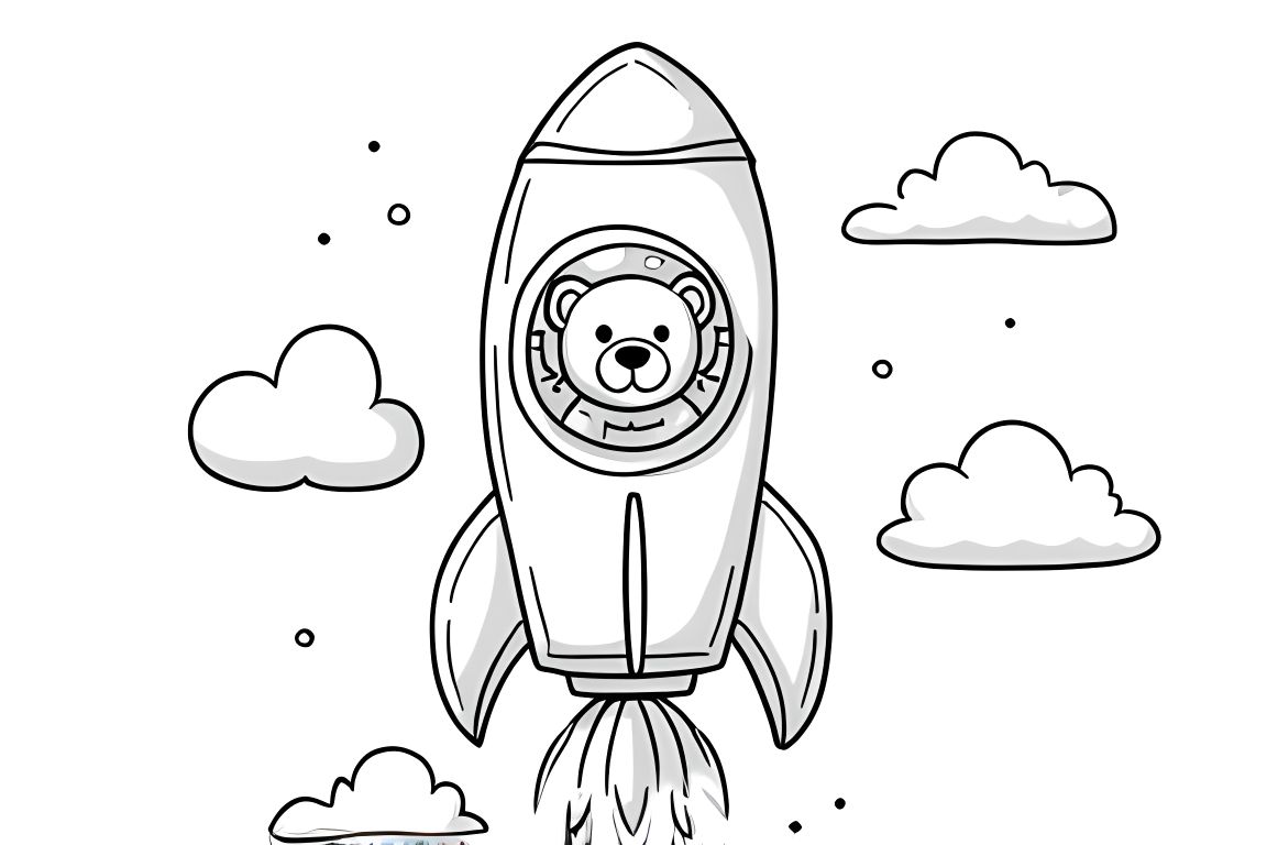 Simple children's coloring book illustration of a teddy bear astronaut in a friendly rocket ship, perfect for toddlers