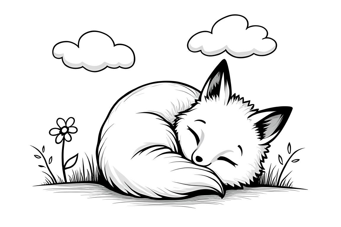 Simple children's coloring page of a sleeping fox under clouds, designed for toddlers