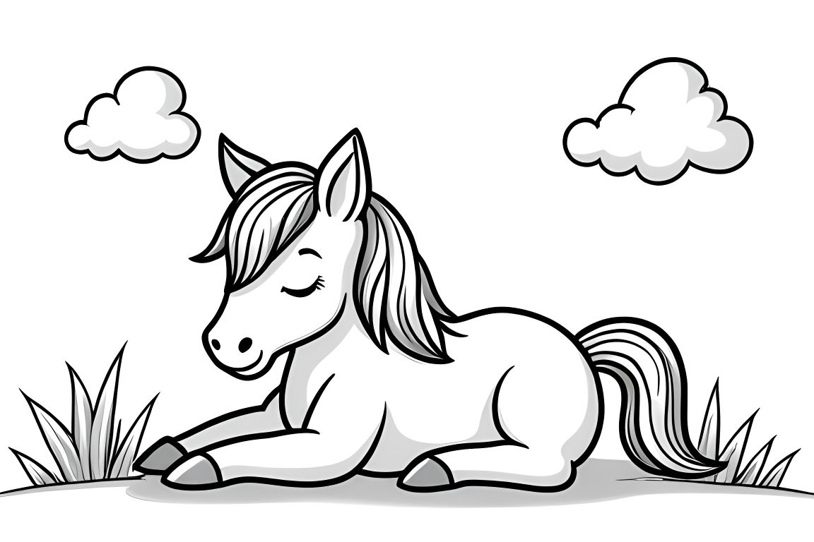 Simple children's coloring book illustration of a sleeping horse under clouds, perfect for toddlers.