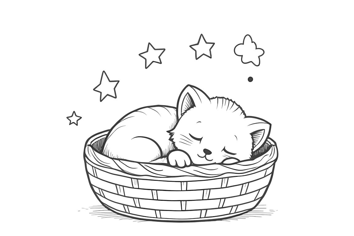 Simple coloring book page with sleeping kitten in basket for toddlers