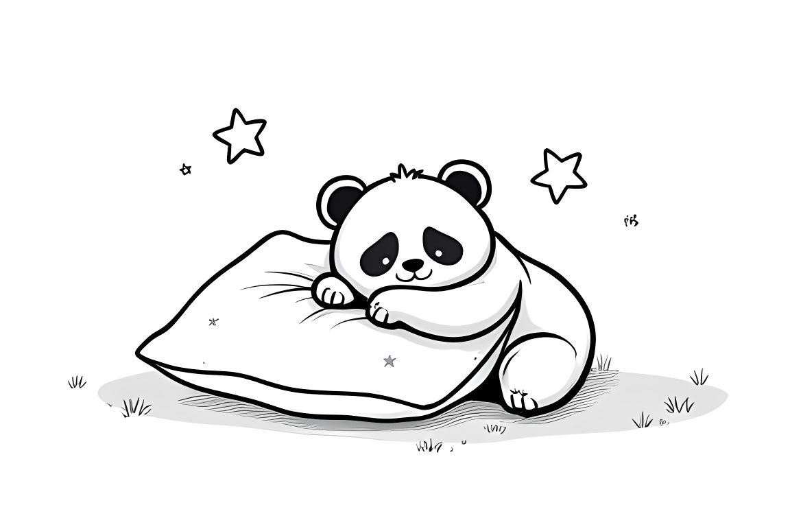 Simple children's coloring illustration of a sleepy panda with pillow, perfect for toddlers