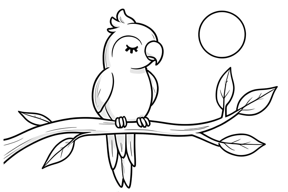 Simple children's coloring book illustration of a sleepy parrot on a branch, ideal for toddlers