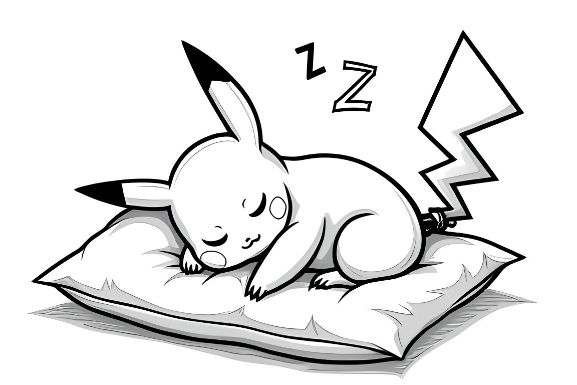 Simple children's coloring page of a sleeping Pikachu for toddlers