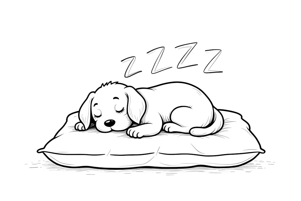Simple coloring book page featuring a sleeping puppy on a pillow, designed for toddlers