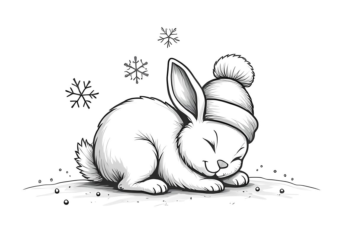 Simple children's coloring illustration of a sleeping rabbit wearing a winter hat, perfect for toddlers