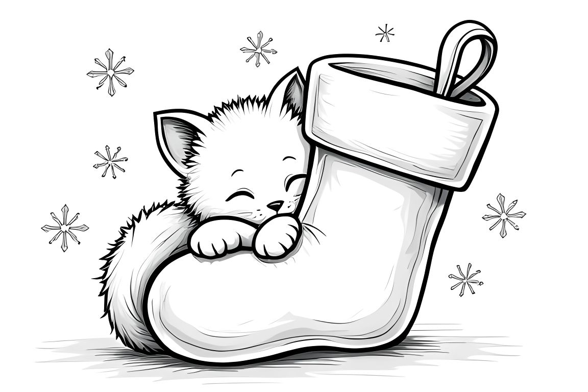 Simple children's coloring illustration of a sleeping kitten by a Christmas stocking