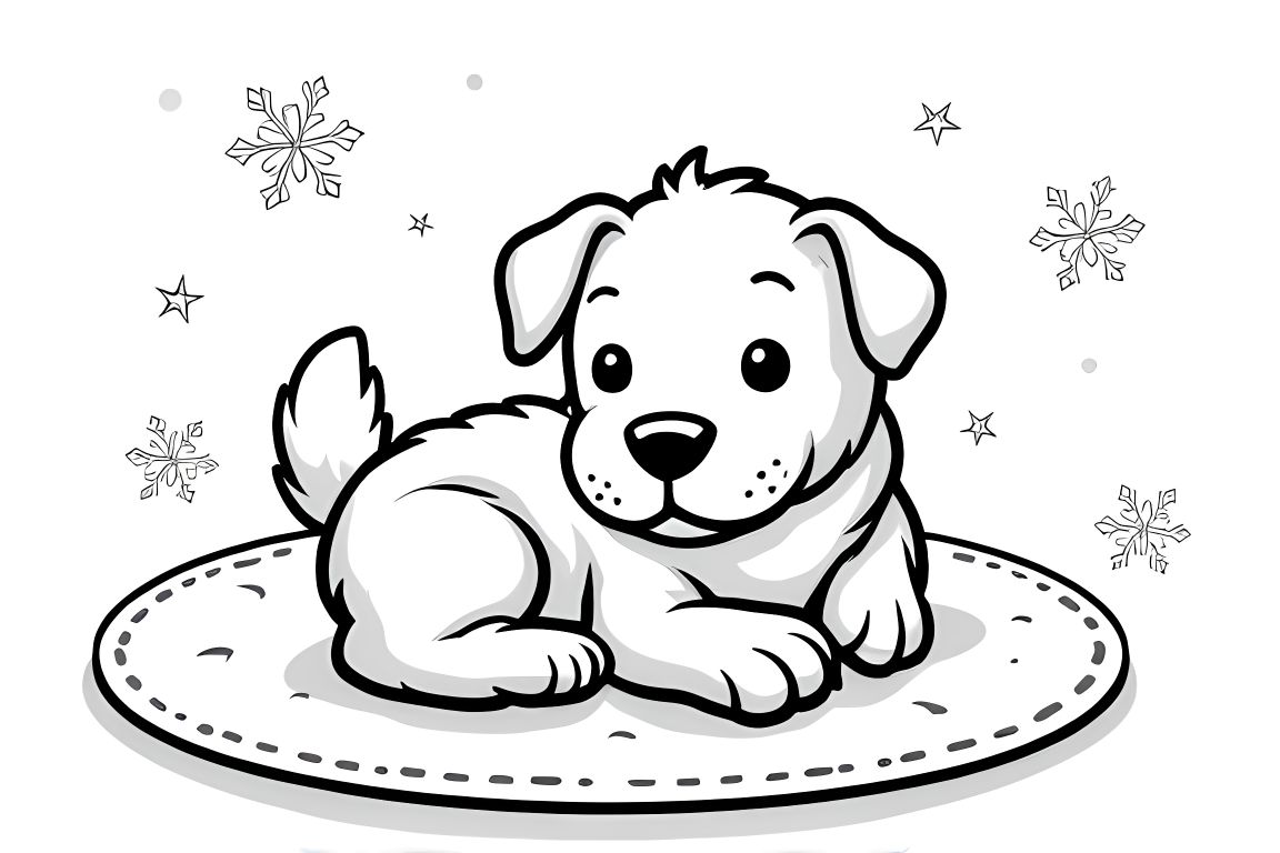 Simple children's coloring illustration of a sleeping puppy with winter elements for toddlers