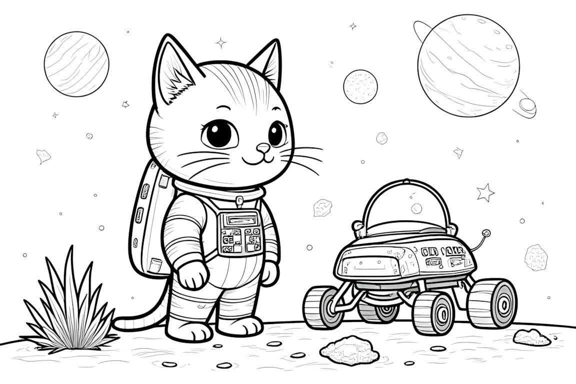 Detailed coloring book illustration of kitten astronaut exploring space with advanced equipment