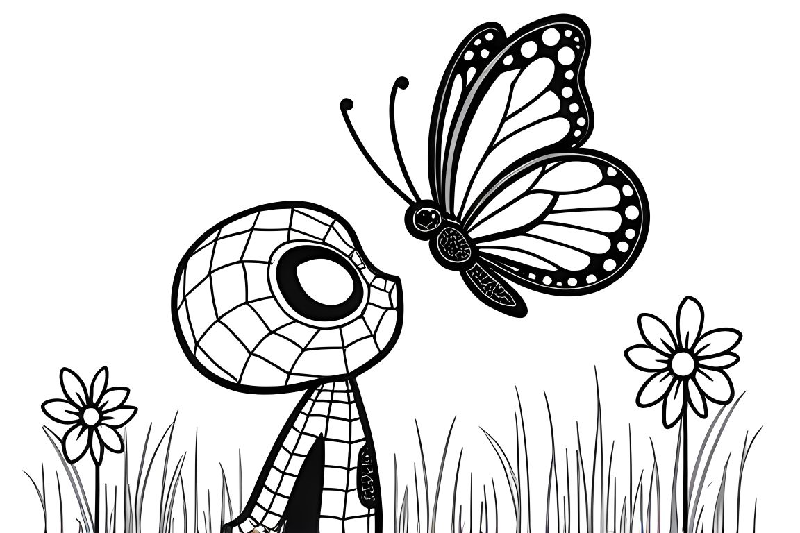 Simple children's coloring book page of Spiderman with a butterfly, perfect for toddlers