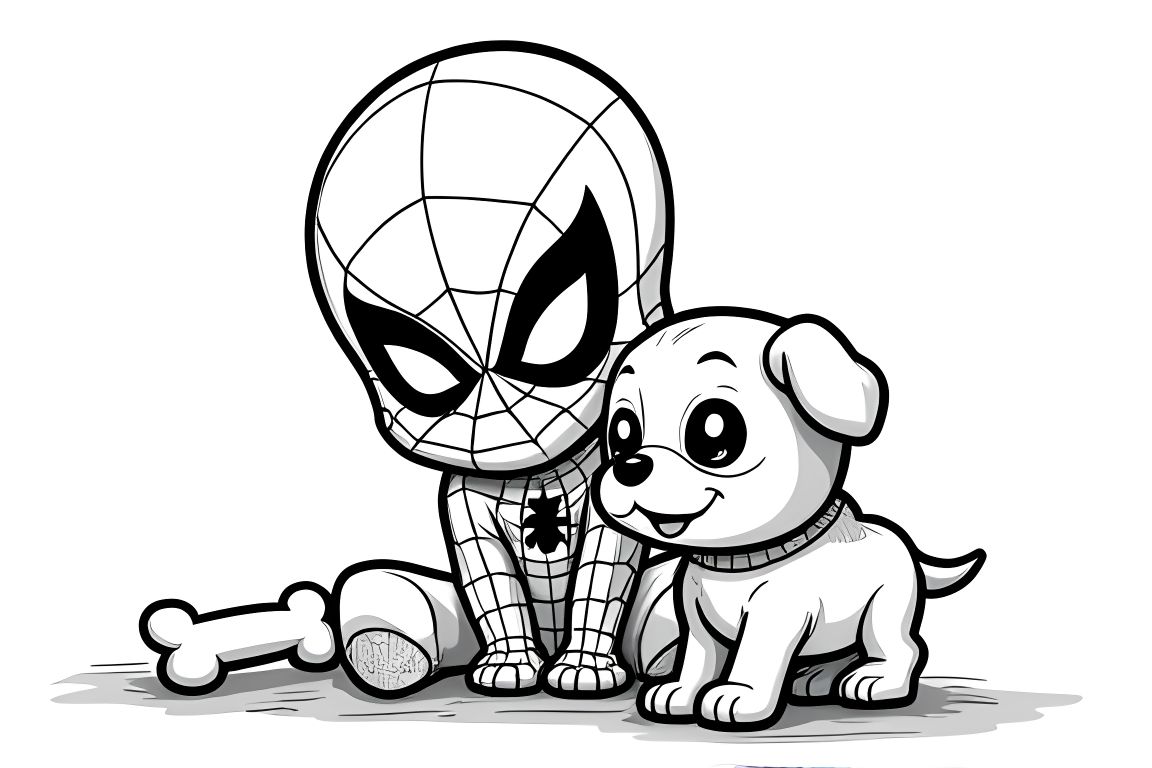 Simple children's coloring book page of Spiderman with a puppy, perfect for toddlers
