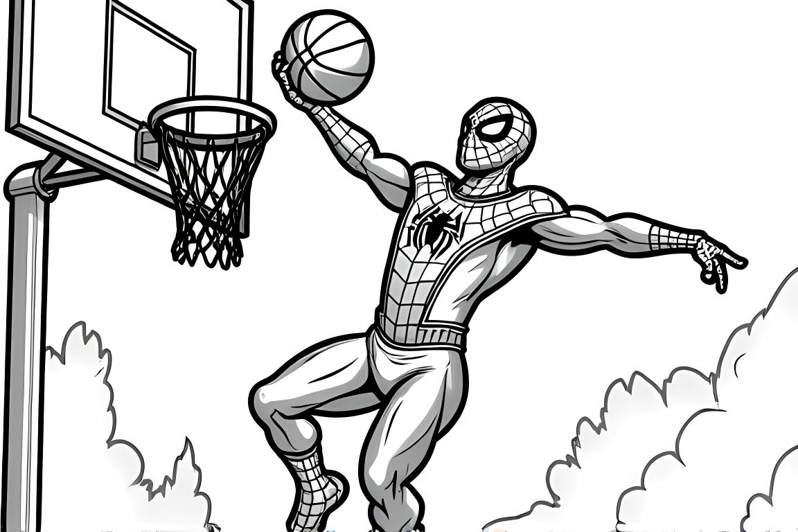 Children's coloring book illustration of Spiderman playing basketball