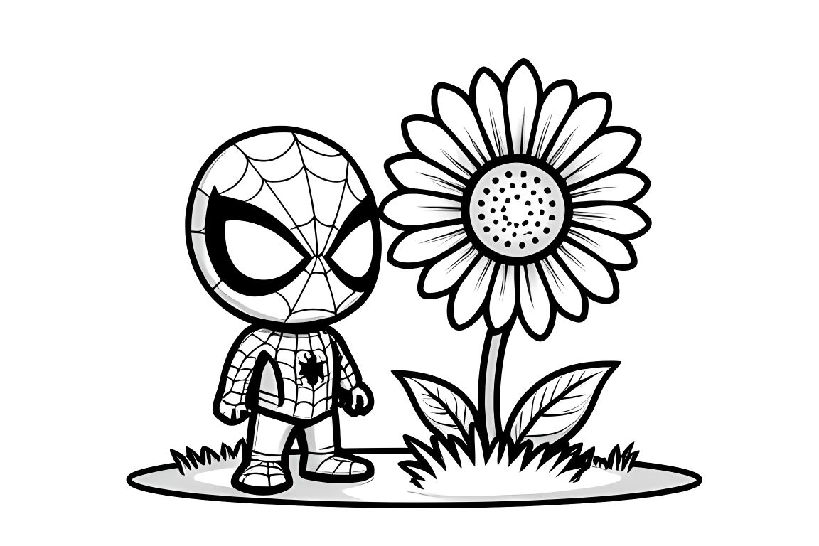 Simple children's coloring page of Spiderman with a large flower, ideal for toddlers