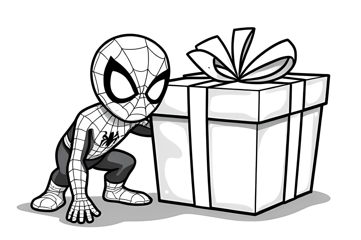 Simple children's coloring page of Spiderman with a gift box, ideal for toddlers