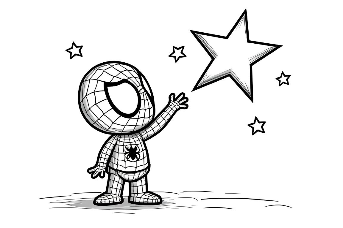 Simple children's coloring page of Spiderman reaching for a star, perfect for toddlers