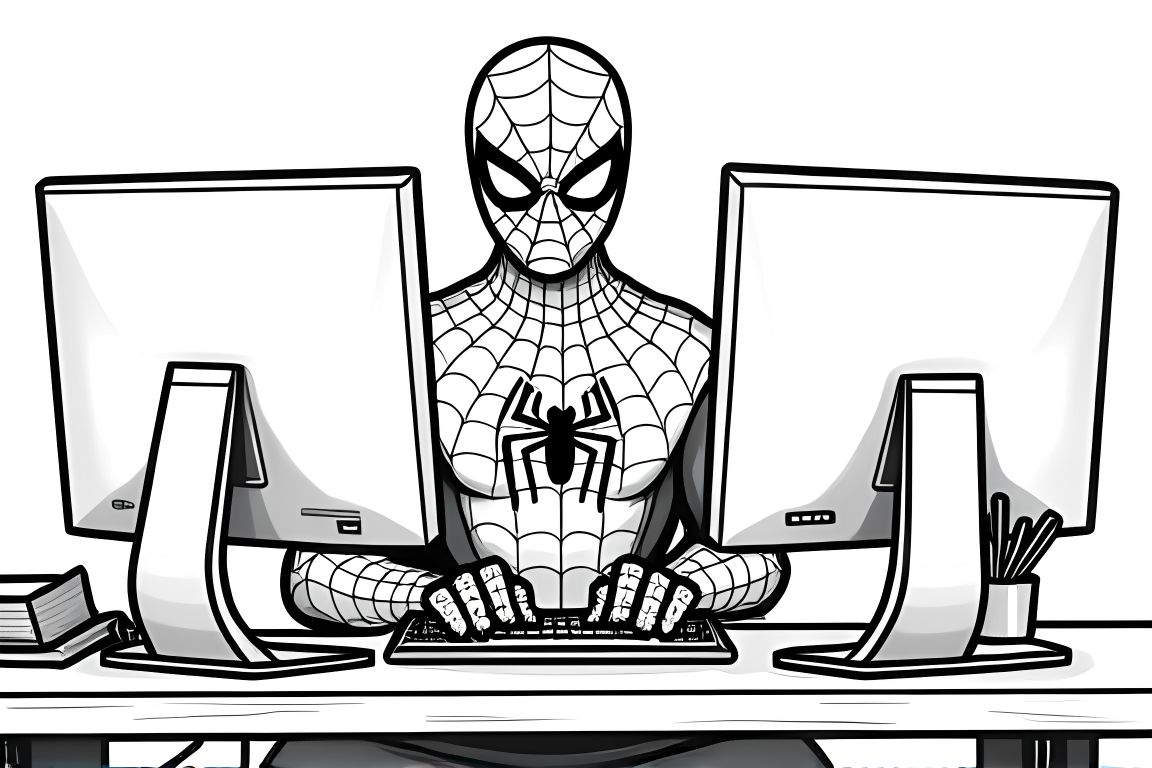 Children's coloring book illustration of Spiderman using a computer