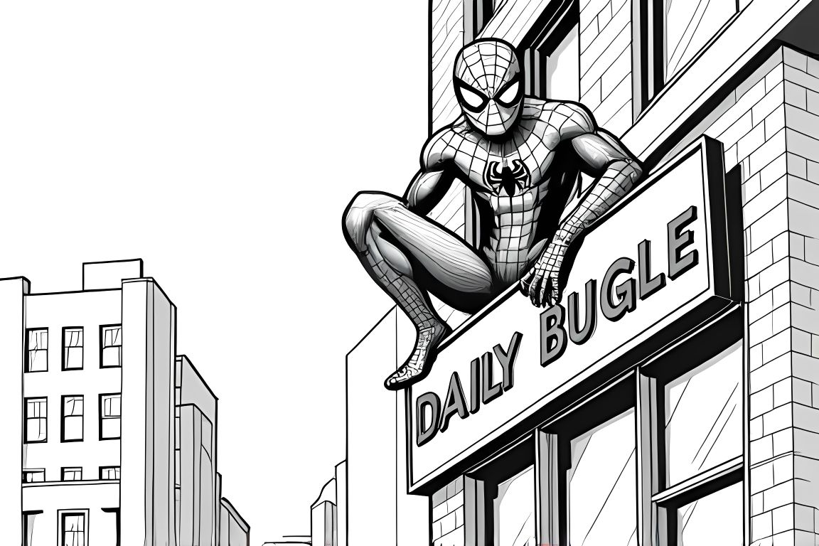 Children's coloring book illustration of Spiderman at the Daily Bugle newspaper