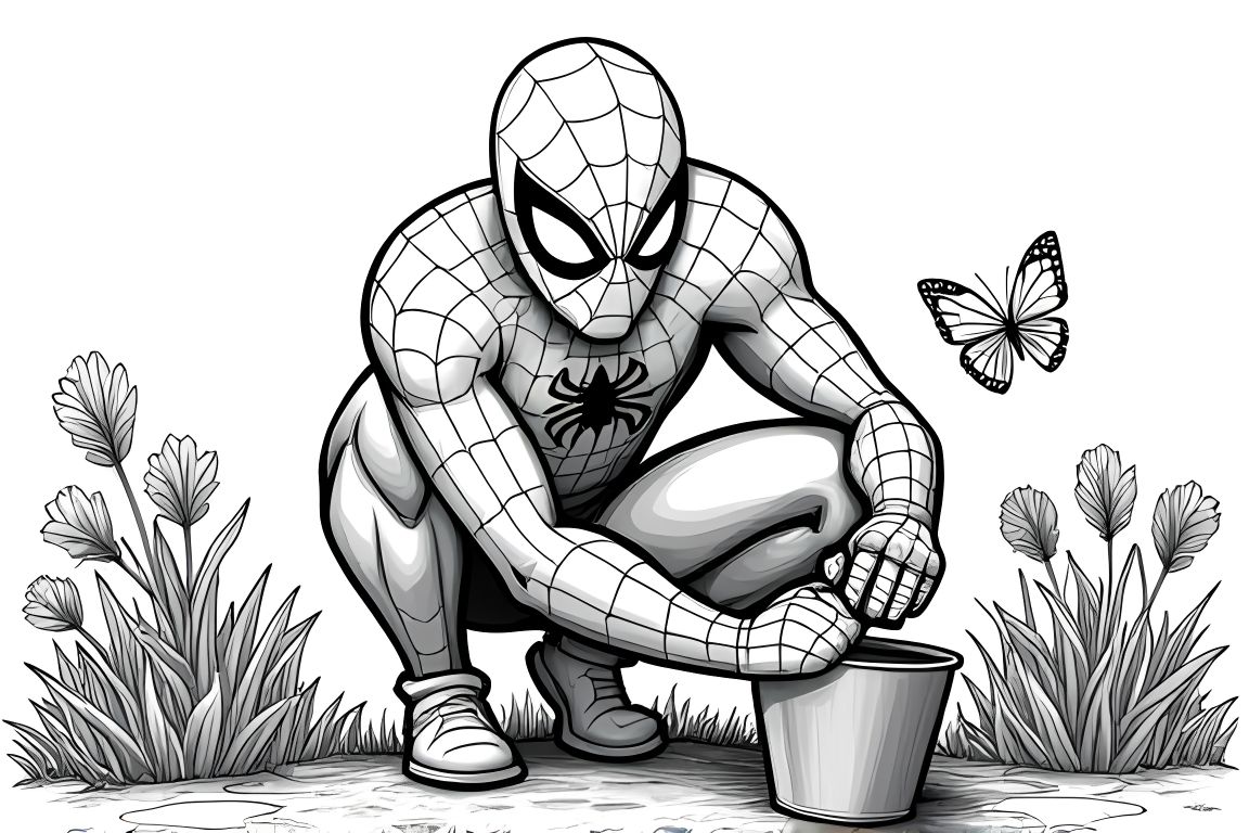 Children's coloring book illustration of Spiderman in a garden
