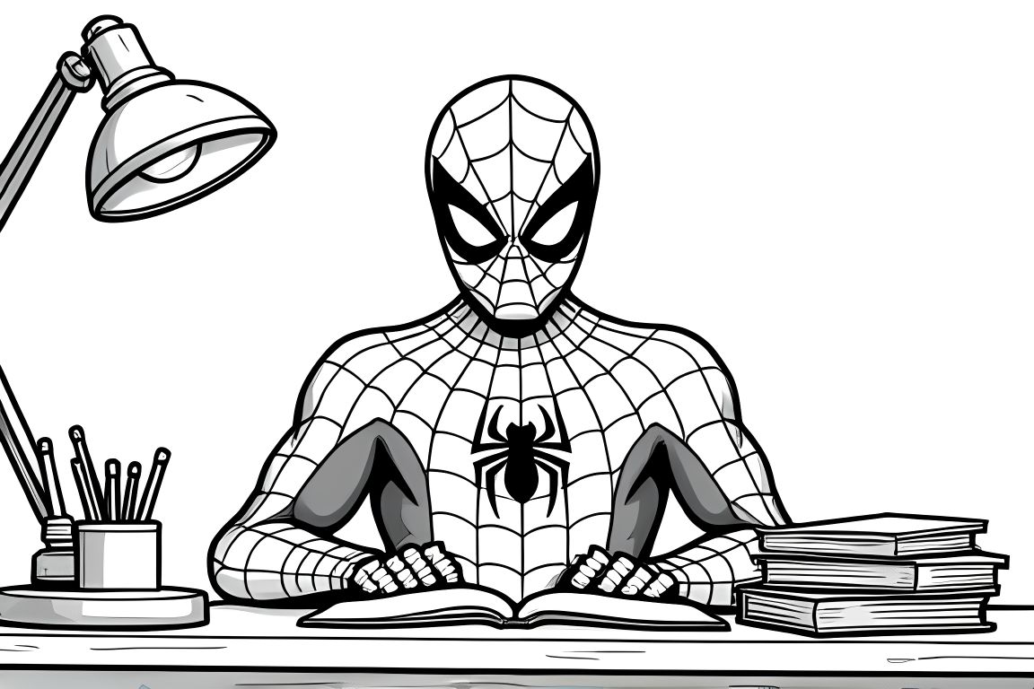 Children's coloring book page of Spiderman doing homework