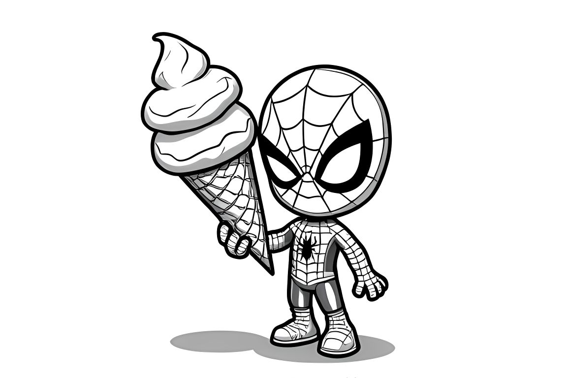 Simple children's coloring page of Spiderman with an ice cream cone, ideal for toddlers