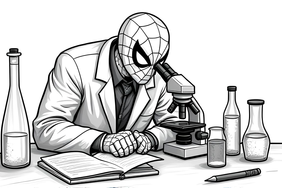 Children's coloring book page of Spiderman in a science laboratory