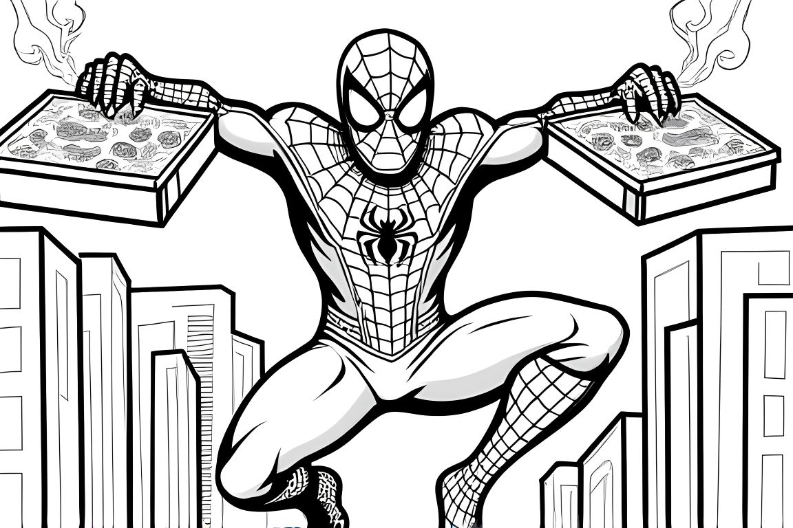 Children's coloring book page of Spiderman delivering pizza