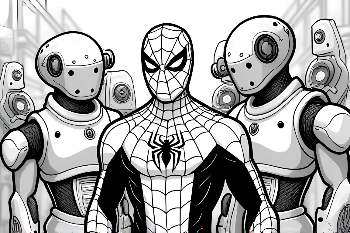 Detailed children's coloring book illustration of Spiderman in robot factory