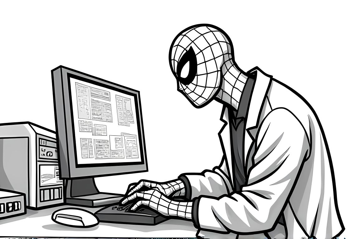 Detailed children's coloring book page of Spiderman in advanced laboratory
