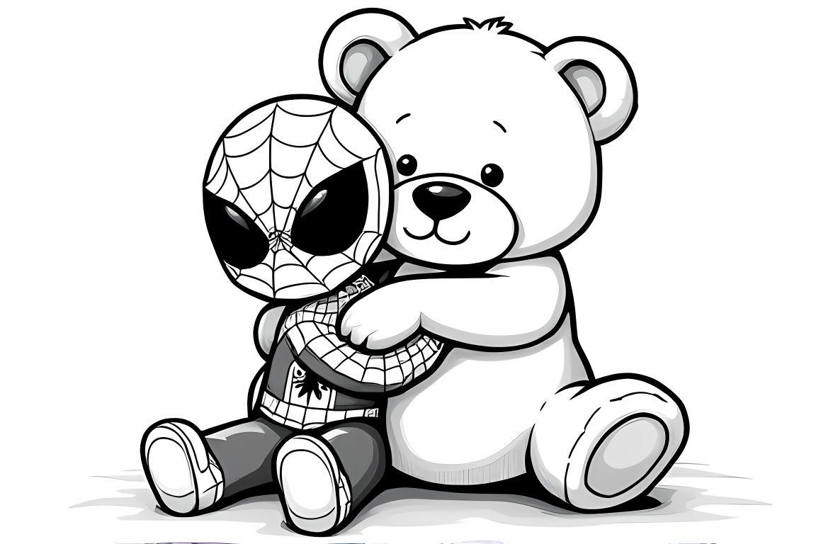 Simple children's coloring book page featuring Spiderman with a teddy bear, ideal for toddlers