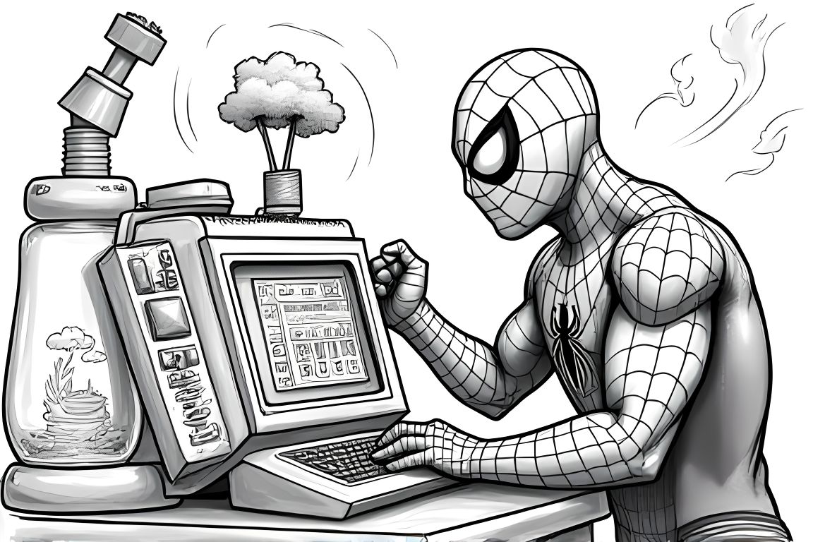 Detailed children's coloring book page of Spiderman with weather machine