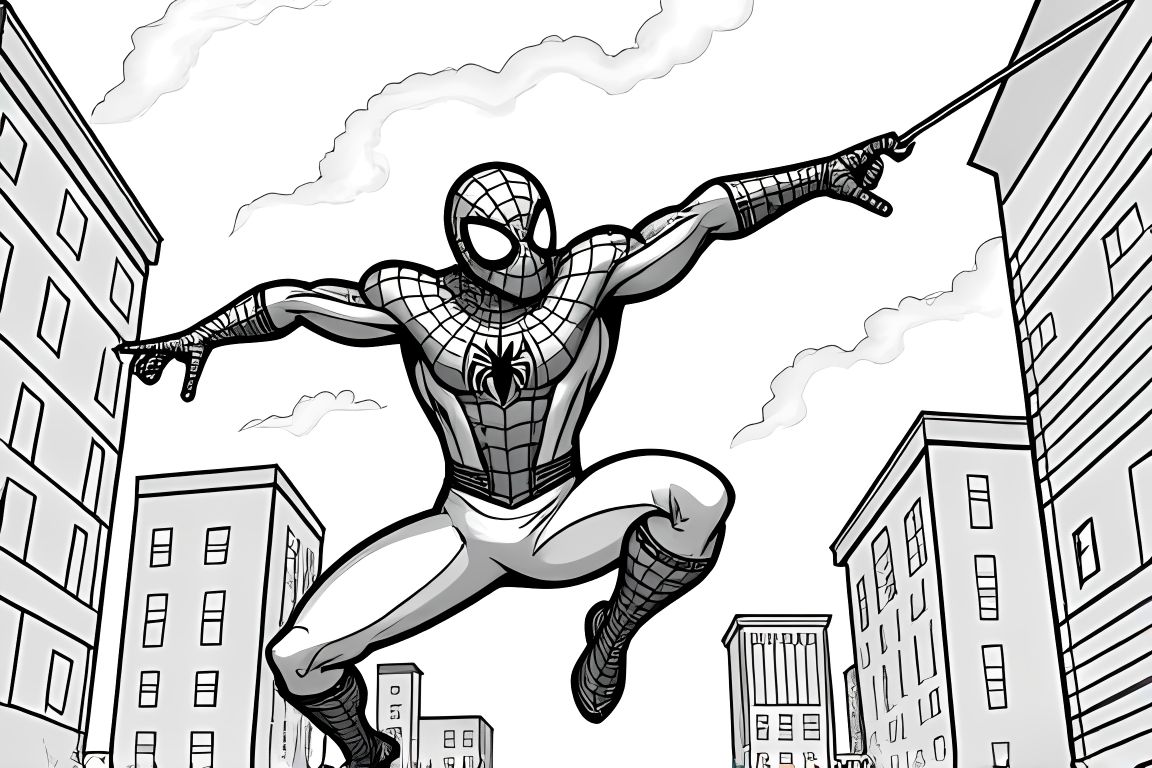 Children's coloring book page of Spiderman swinging on web patterns
