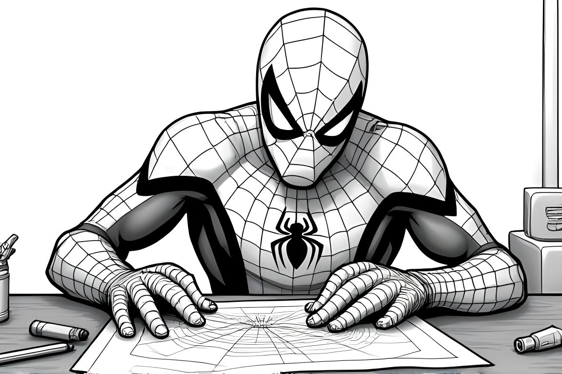 Detailed children's coloring book page of Spiderman in workshop