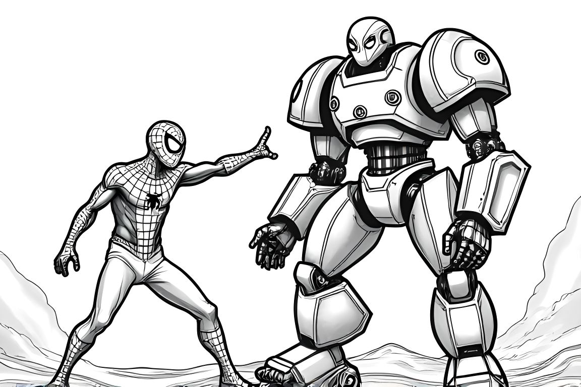 Children's coloring book illustration of Spiderman meeting a robot