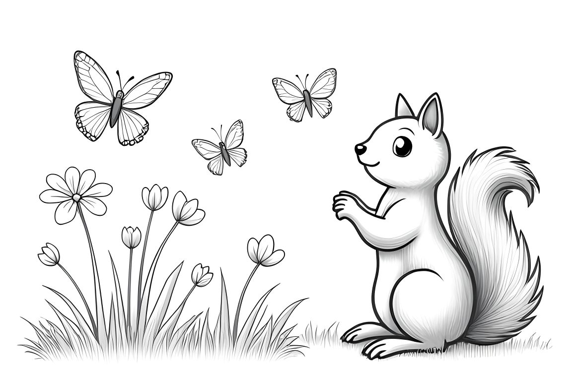 Simple children's coloring page showing a friendly squirrel watching butterflies, perfect for toddlers