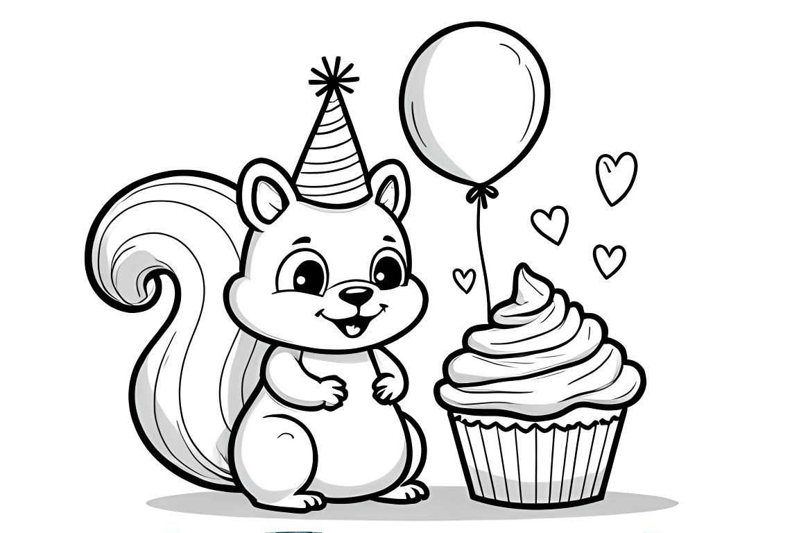 Simple children's coloring book page of a squirrel celebrating birthday with cupcake and balloons