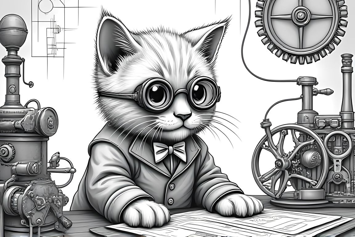 Detailed coloring book illustration of steampunk kitten inventor with complex machinery