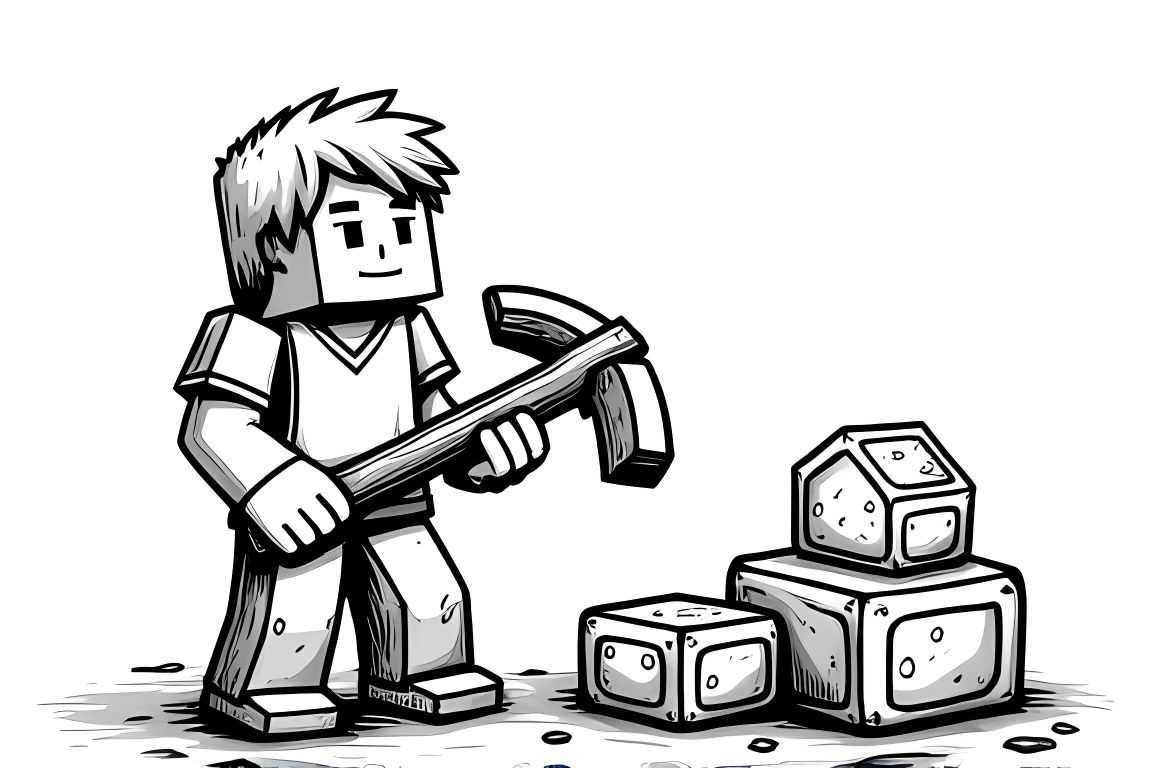 Children's coloring book illustration of Steve from Minecraft mining with his pickaxe