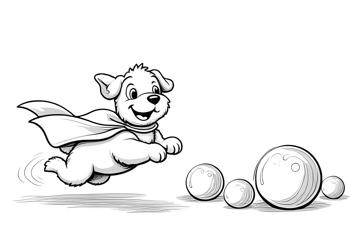 Simple coloring book page of a superhero puppy playing with large bubbles