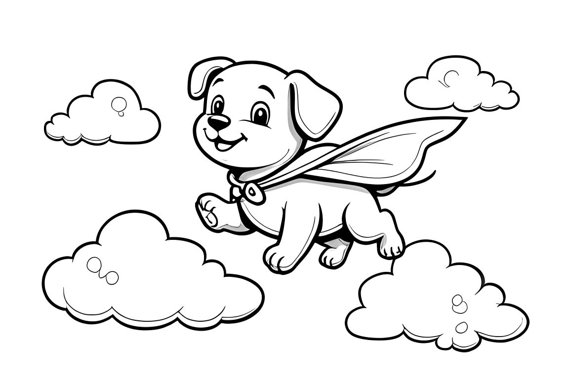 Simple children's coloring page of a happy superhero puppy flying through clouds