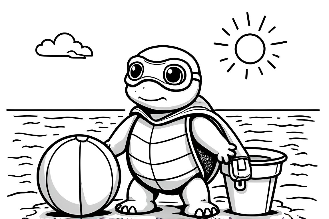 Simple children's coloring page of a superhero turtle having fun at the beach, perfect for toddlers