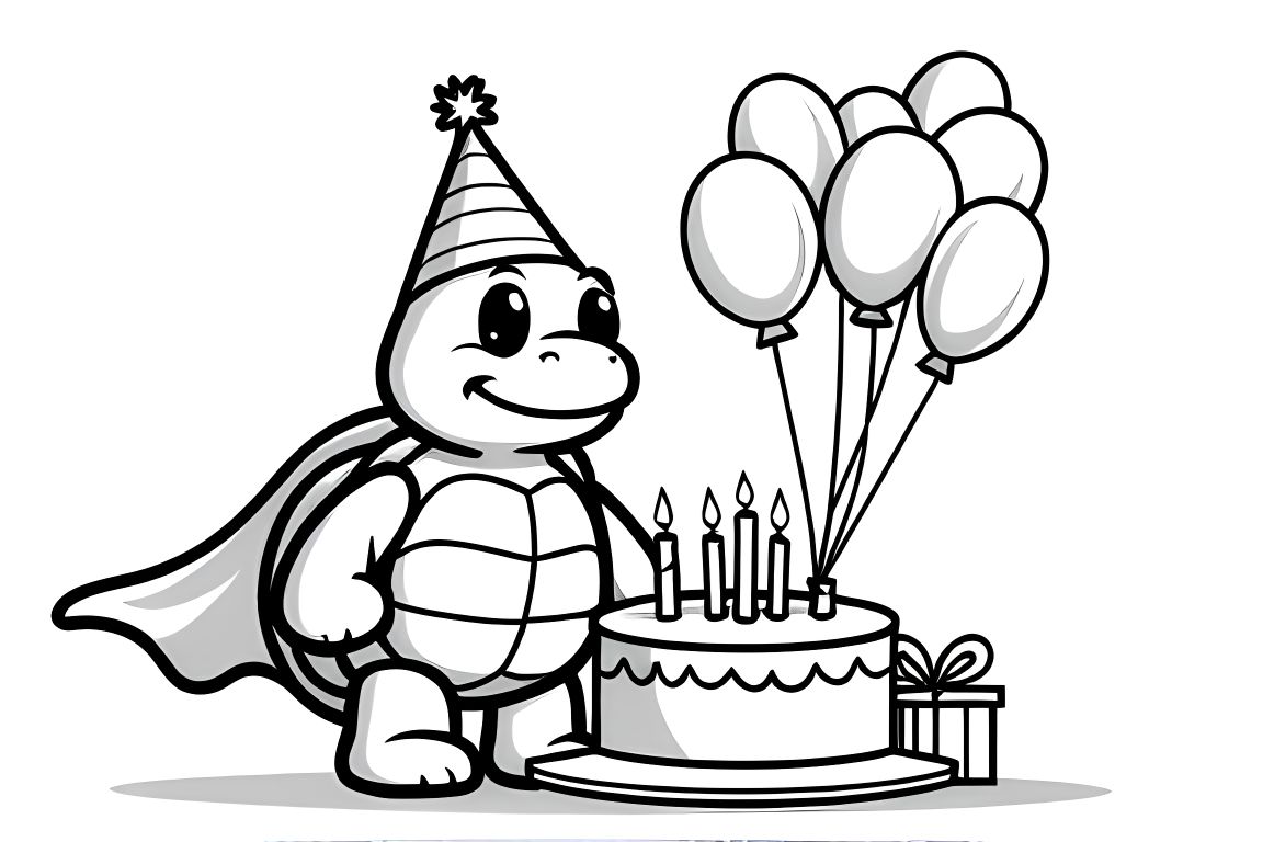 Simple children's coloring page of a superhero turtle at a birthday party with cake and balloons, perfect for toddlers