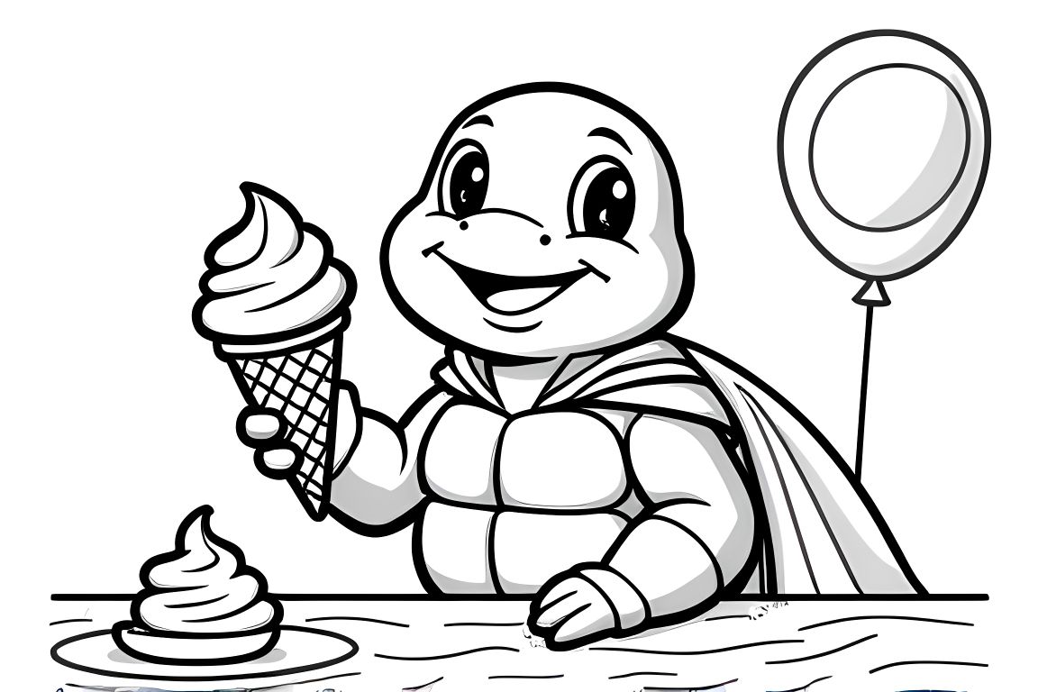 Simple children's coloring book page showing a superhero turtle at an ice cream party, designed for toddlers